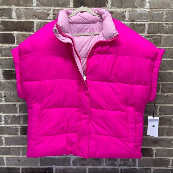 UGG Reversible Pink Puffer Vest Full Zip Button Up Sleeveless Women Sz Large NWT - Picture 2 of 10